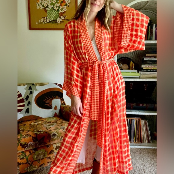 Natori Other - Natori Women 's Lounge Wear Orange & Cream Color Plaid Bell Sleeves Robe Small